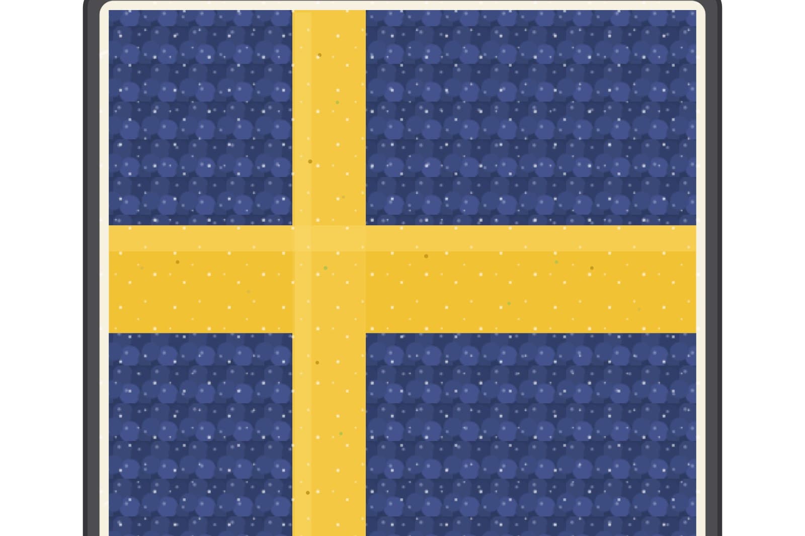 Sheet pavlova decorated as the Swedish flag — a yellow lemon-curd cross over fields of blueberries on whipped cream